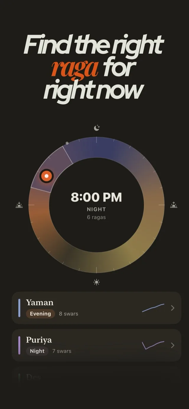 Find the right raga for right now: the raga wheel turned to 8:00 PM, night, six ragas, with Yaman and Puriya listed below it